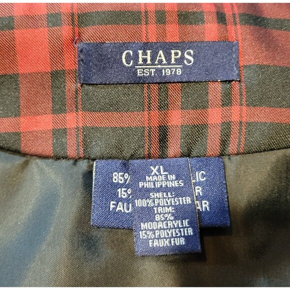 Chaps Red Plaid Womens Vest XL Faux Fur Collar - Picture 4 of 6